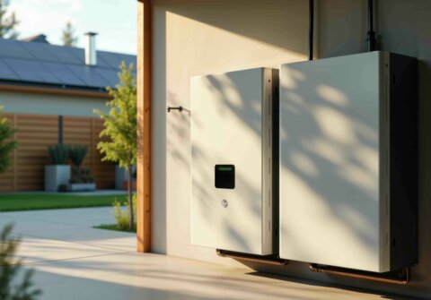 Home battery storage | © AdobeStock generiert mit KI Home battery storage indoors. Residential energy storage system installed inside a garage or utility room in a house. | © AdobeStock generiert mit KI